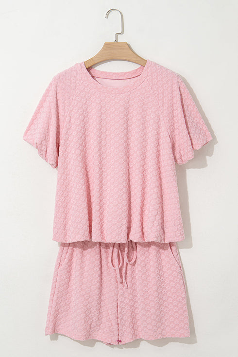 Sweet Daisy Jacquard Textured Knit Short Sleeve Top And Matching Shorts Set